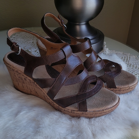 BOC Brown Strappy Cork Wedge Sandals-Size 8